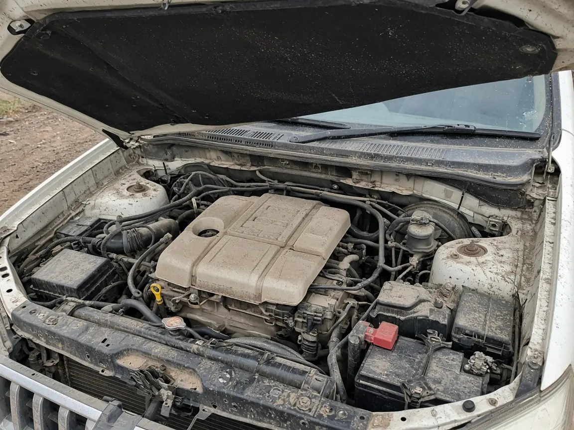 Untidy engine bay before cleaning