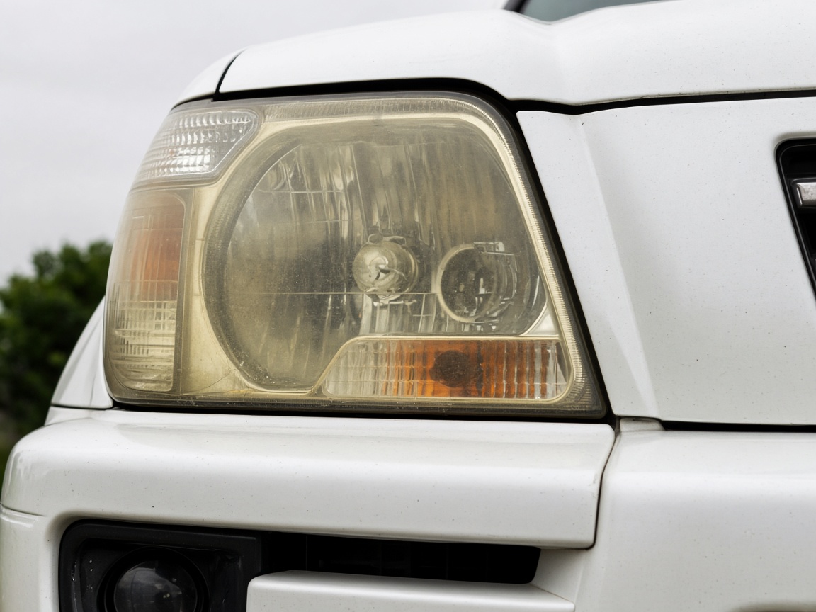 Weathered, cloudy car headlight before restoration