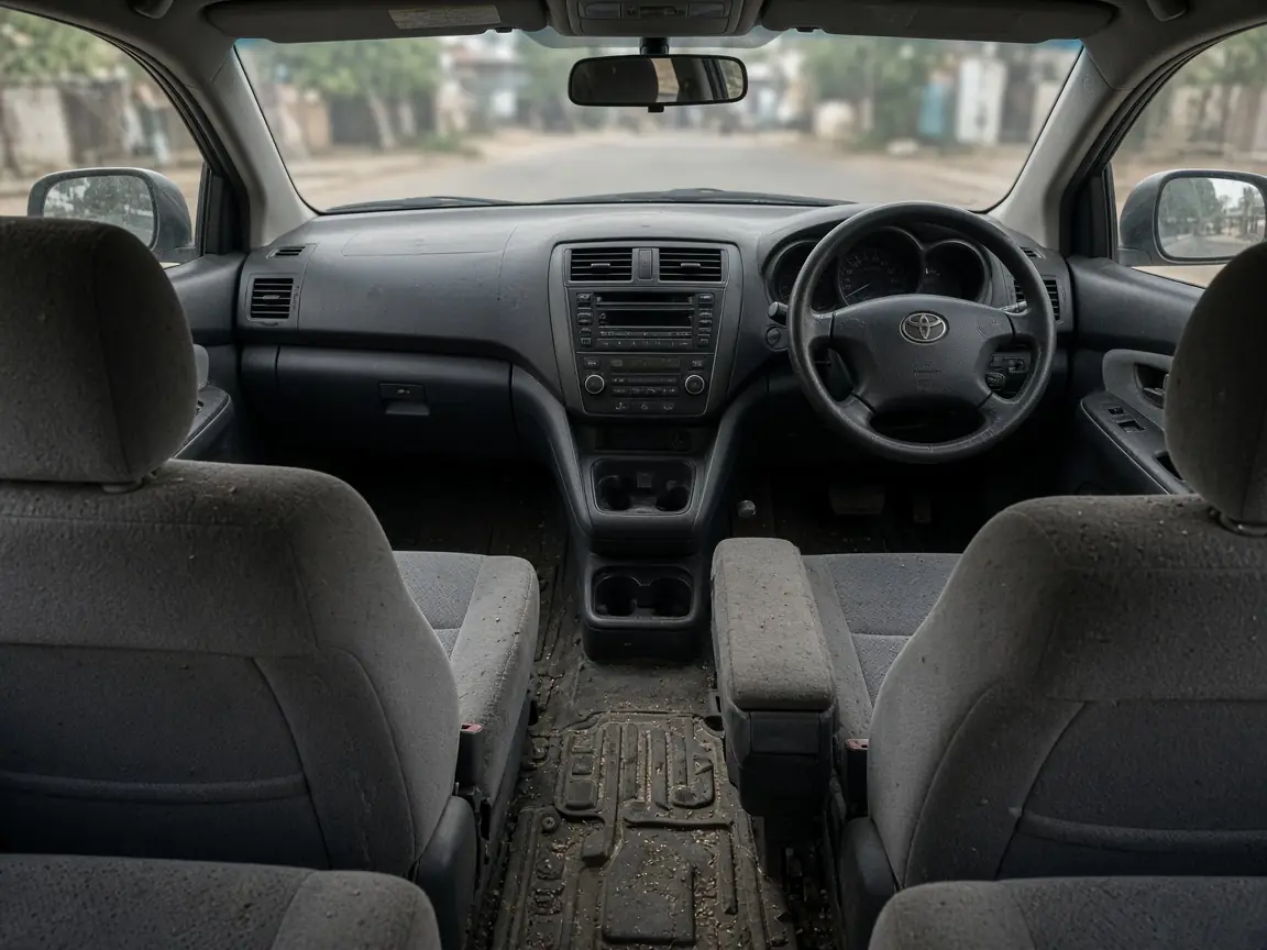 Dirty, worn car cabin before vacuuming