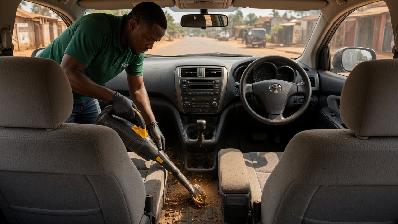 Technician steam-cleaning a car interior