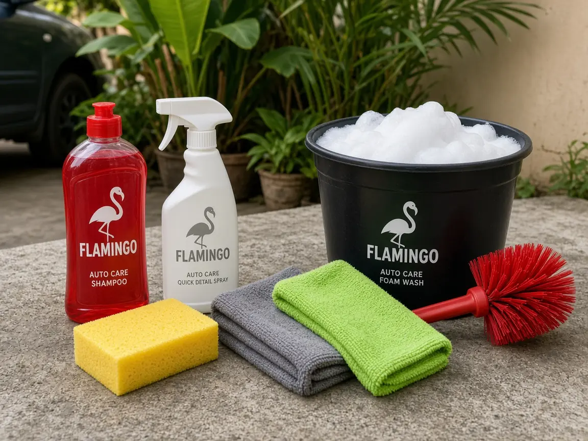 Flamingo car shampoo, foam sponge, microfiber towels, and a bucket of proper wash suds